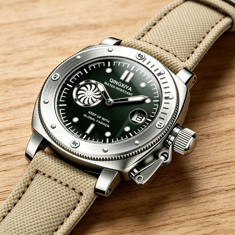Canvas Strap Watch - ساعات كوارتز رجالية بحزام قماشي كاكي