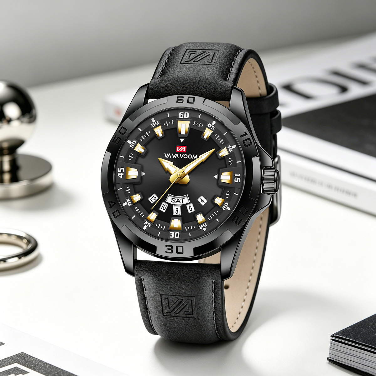 Leather Watch Band Men - ساعة رجالية بحزام جلدي أسود، طراز