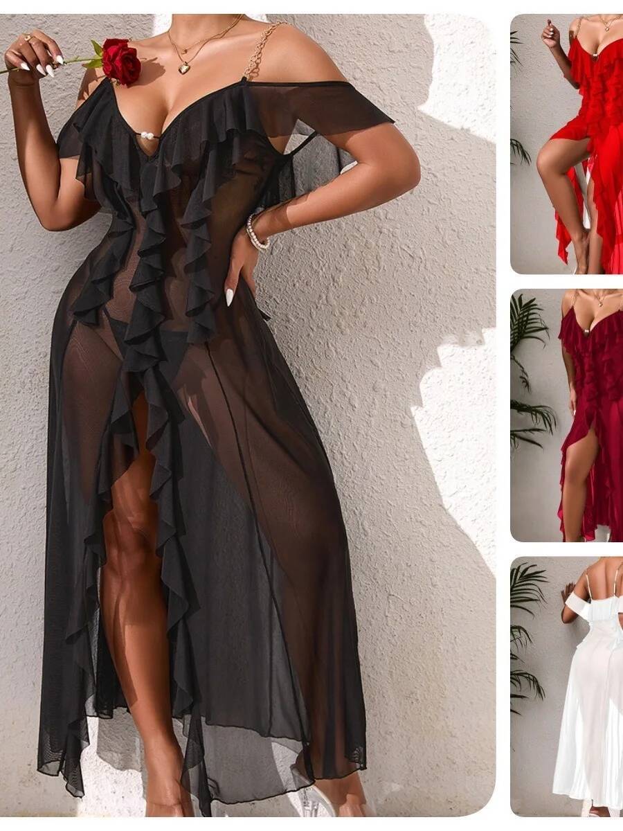 فستان نوم شبكي بلون سادة مع أش - مراجعة Mesh Strap Metal وسعره